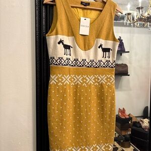 Anna Sui Mustard Yellow and White Knit Midi Dress with Animal Motif